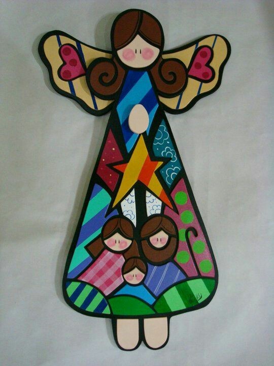 L10-023 Angel vitral con sagrada familia en el vestido 35cm